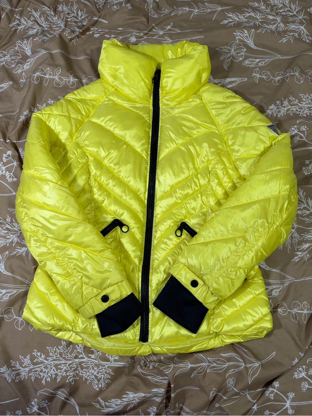 Guess Neon Yellow Puffer Jacket with Black Trim